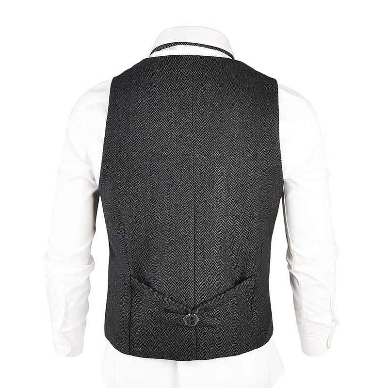 VOBOOM Mens Herringbone Tailored Collar Waistcoat Fullback Wool Tweed Suit Vest (Dark Grey, 3X-Large) - Image 4